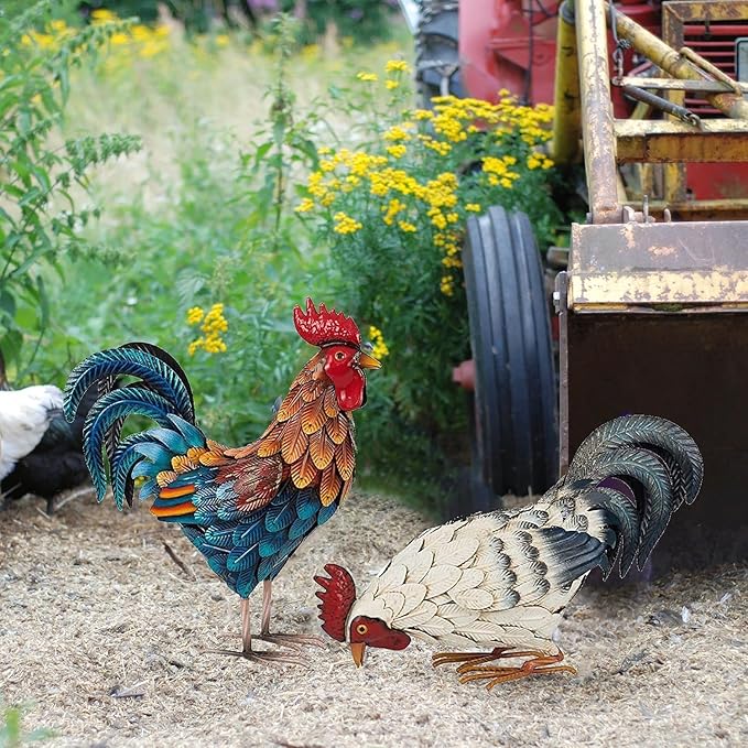 Shorayn Metal Rooster Statues, Outdoor Garden Statues, Metal Chicken Decor, Garden Sculptures & Statues, Chicken Ornaments Yard Art for Backyard Patio Lawn Decorations, Set of 2