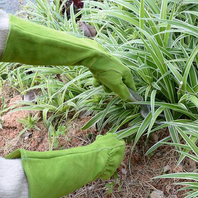 HANDLANDY Ladies Leather Gardening Gloves, Thorn Proof Long Gauntlet Heavy Duty Garden Gloves, Elbow Length Women Rose Pruning Gloves (Large, Green)