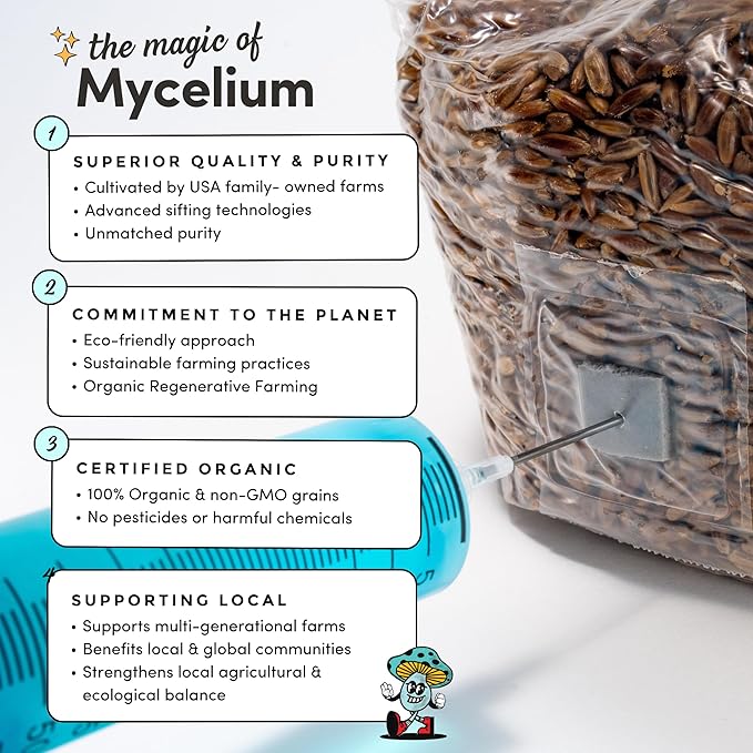 Mycelium's Superior Dung-Loving Mushroom Substrate & Rye Berries Grain 6 LB All-in-One Bag – Organic Coco Coir, Vermiculite & Gypsum Formula, Pre-Sterilized & Ready for Easy Home Cultivation