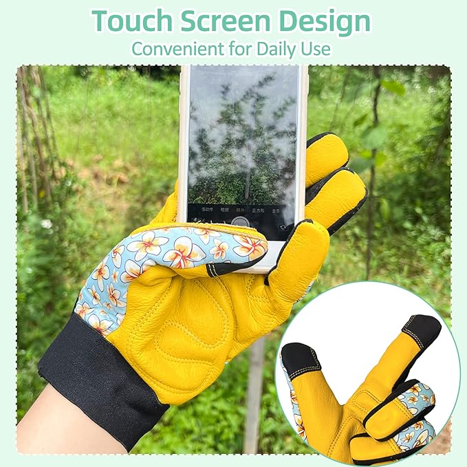 Cowhide Leather Thorn Proof & Puncture Resistant Gardening Gloves for Women and Men, Touchscreen Compatible Working Gloves for Weeding, Digging, Planting, Gardening Gifts for Women (Size Large)