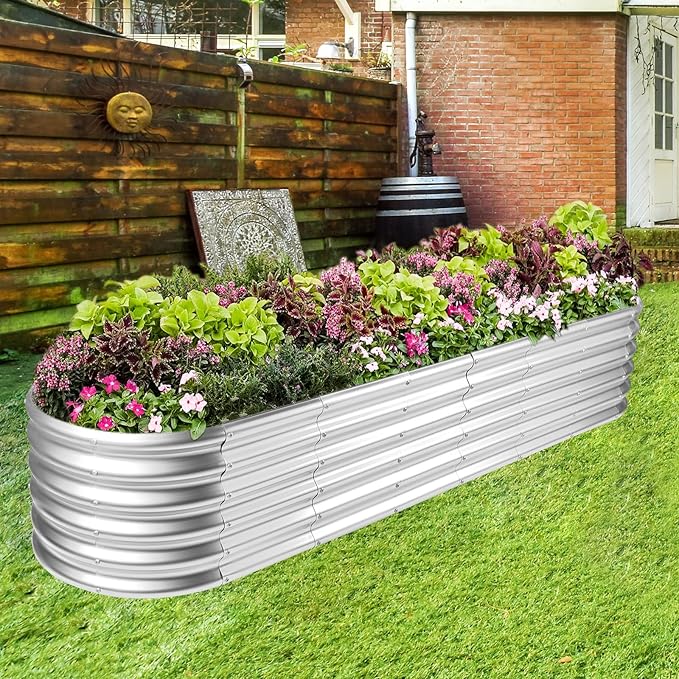 Land Guard 8×2×1.5ft Galvanized Raised Garden Bed Kit, Raised Garden Boxes Outdoor, Oval Metal Raised Garden Beds for Vegetables, Silver