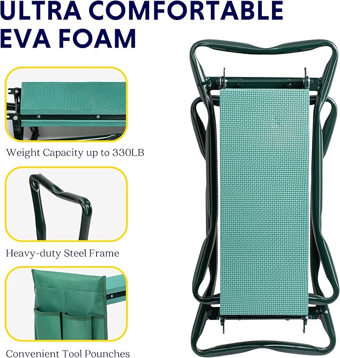 iPower Garden Kneeler and Seat Foldable Kneeling Bench with Sturdy Soft EVA Foam Pad for Outdoor, Fishing, Camping, 2 Tool Pouches Included, Green