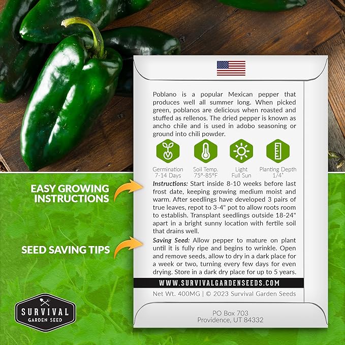 Poblano Pepper Seed for Planting - 5 Packets with Instructions to Plant and Grow Ancho Chiles in Your Home Vegetable Garden - Non-GMO Heirloom Variety - Survival Garden Seeds