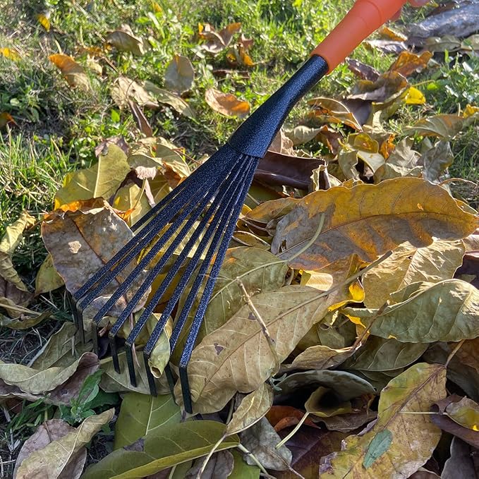 Mini Garden Rake 16 Inch 9 Root Steel Hand Fan Leaf Rake with Ergonomic Comfort Grip & Rust Resistant - Professional Gardening Tool