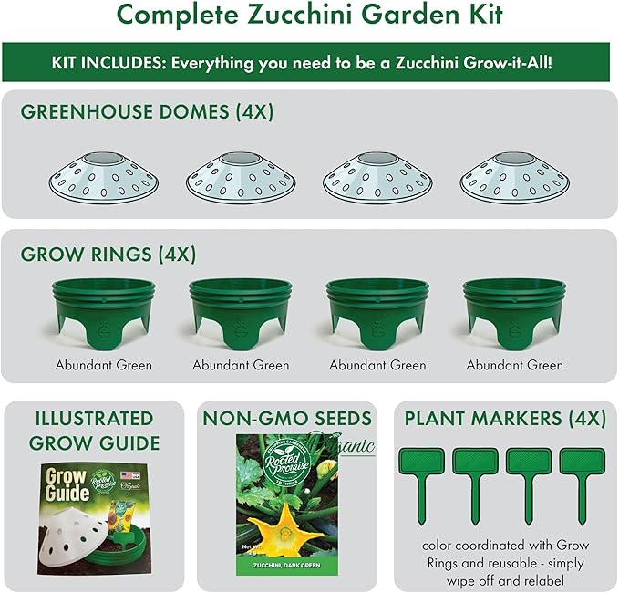 Zucchini Garden Kit with Grow Rings, Greenhouse Germination Domes, Seeds, Markers, Instructions – Gardening Gift for Mom, Teachers, Women, and Men – Made in USA