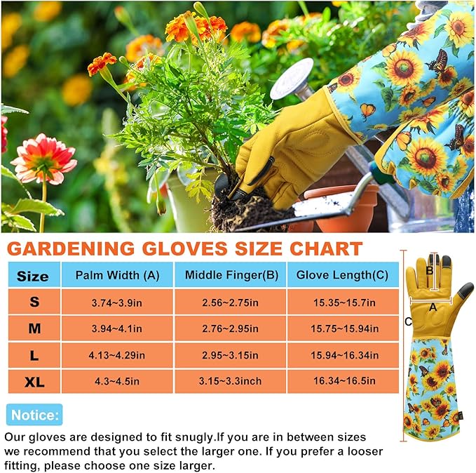 DLY Gardening Gloves for Women, Rose Gloves Gardening Thorn Proof, Long Garden Gloves for Women, Breathable Cowhide Leather Gauntlet (Medium, Blue)
