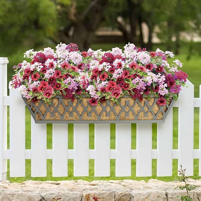 4 Pack 24 Inch Window Boxes Planters Railing Planter Box with Adjustable Brackets for Porch Fence Patio Balcony Hanging Flower Baskets with Coco Liners for Outdoor Garden Decor - Grey