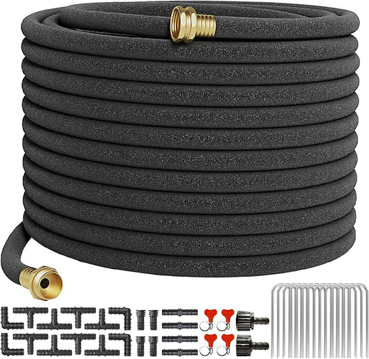 Soaker Hose 150 FT For Garden Beds,Heavy Duty Solid Brass Connector 1/2“ Ruber Drip Irrigation Kit with Hose Stakes&Connector Set for Flower Bed&Yard,Landscaping