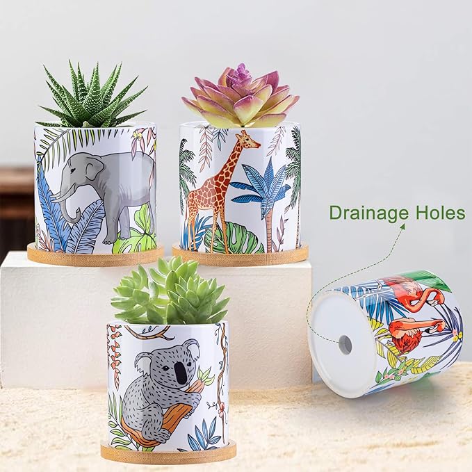Succulent pots, 3.1Inch Ceramic Succulent Planter with Drainage Holes and Bamboo Tray, Animal Plant Pots Home Decor, Set of 6