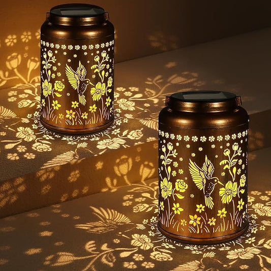 2 Pack Solar Lanterns Outdoor Waterproof, Hummingbird Garden Decor Gifts for Women Mom Grandma Hanging Solar Lights Metal Solar Decoration Outside for Yard, Patio, Lawn, Pathway, Landscape