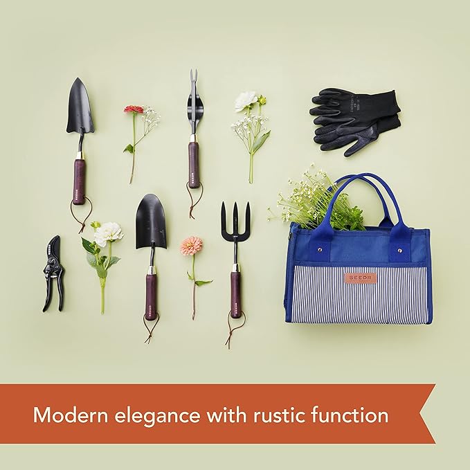 Outdoor Garden Tool Set, Stainless Steel Gardening Set - Garden Tool Organizer Bag, Garden Trowel, Cultivator, Transplanter, Weeder, Bypass Pruning Shears, and Garden Gloves–7pc Set