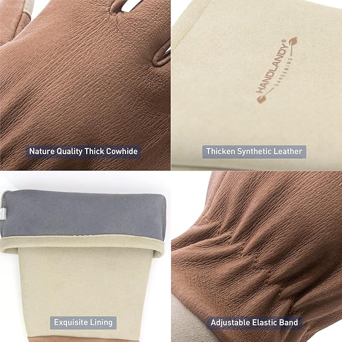 HANDLANDY Long Gardening Gloves for Men & Women, Thorn Proof Rose Pruning Gloves Leather Gauntlets Garden Gloves Yard Work Gloves (Small, Brown)