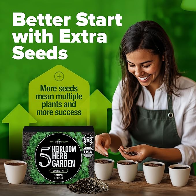 HOME GROWN Herb Gardening Starter Kit for Indoors - Unique Gift for Mom, Women, Her, Men - Complete 5 Herb Plant Grow Kit - Holiday Gift for Gardeners