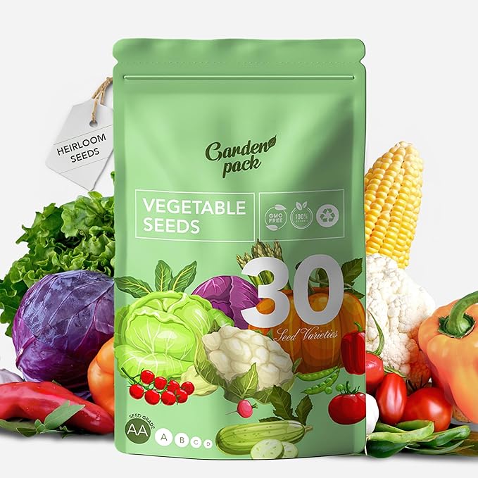 Garden Pack Vegetable Seeds Pouch - 30 Non-GMO Varieties, 10,000+ Heirloom Seeds for Planting Vegetables - Sealed for Survival Seeds Storage