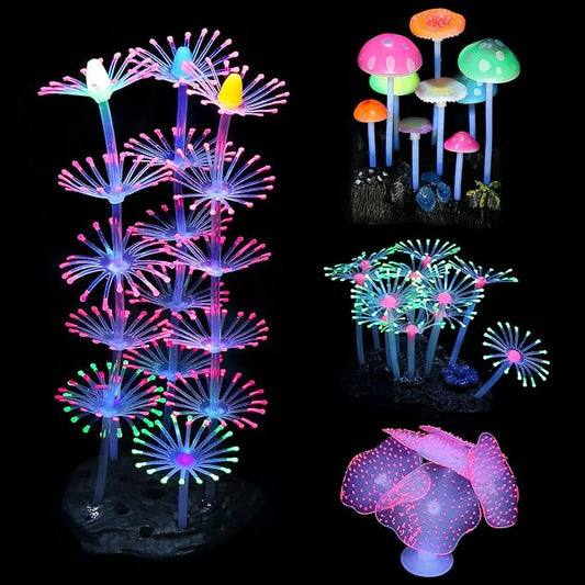 Lpraer 4 Pack Glow Aquarium Decorations Coral Reef Glowing Mushroom Anemone Simulation Glow Plant Glowing Effect Silicone for Fish Tank Decorations
