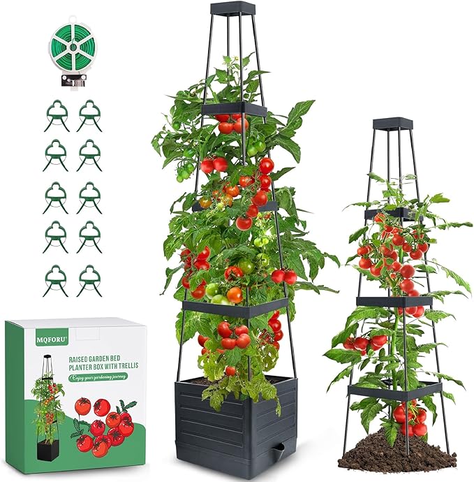 MQFORU Raised Garden Bed Planter Boxes with Trellis, 57" Self-Watering Tomato Planter Boxes with Trellis for Climbing Vegetable and Plants, Tomato Cage for Indoor Outdoor Use