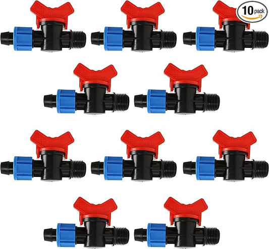 10pcs Drip Tape Connectors Valve Fittings 16mm Grummet x 5/8 Inch Tape-Swivel x 1/2'' Male with Red Handle Shut-Off Irrigation System, Universal Tubing Coupling Locking, Compatible Y112 Thread Type
