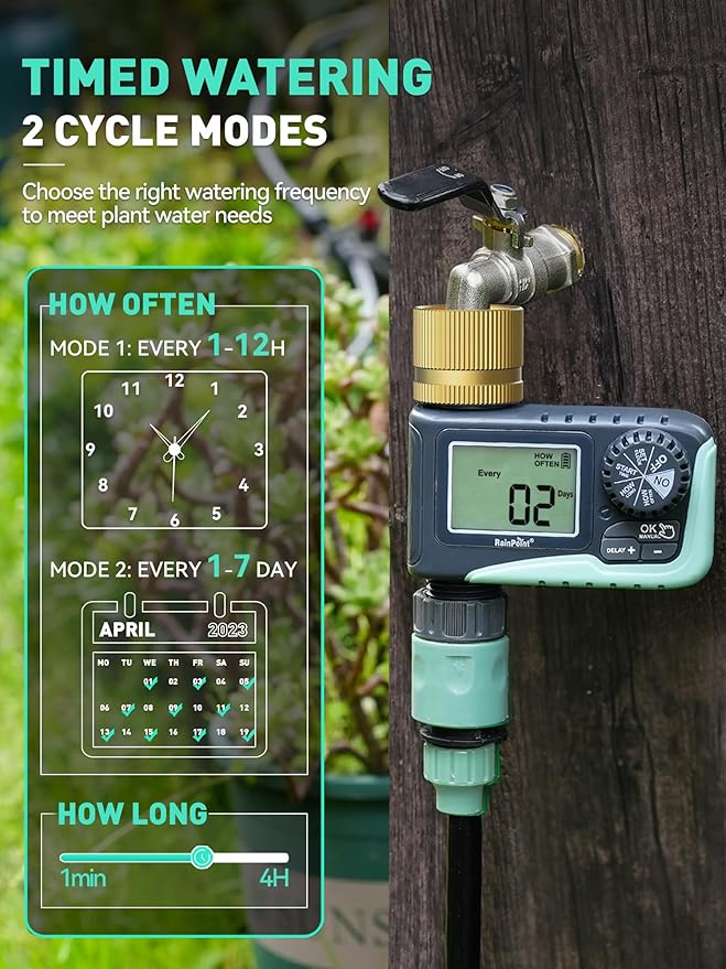 RAINPOINT 2-Pack Sprinkler Timer with Brass Swivel, Water Timer for Garden Hose, Programmable Hose Timer with Rain Delay/Manual Watering, Digital Irrigation Timer System for Lawns, 1 Outlet