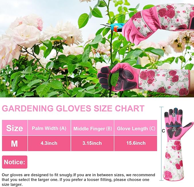 DLY Gardening Gloves for Women, Rose Gloves Gardening Thorn Proof, Long Garden Gloves for Women, Breathable & Durable Leather Gauntlet (Medium, Rose Red)