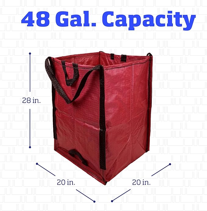 DURASACK Heavy Duty Home and Yard Waste Bag 48-Gallon Woven Polypropylene, Reusable Lawn and Leaf Garden Bag with Reinforced Carry Handles, Pop-Up Self-Standing Garbage Can, Red