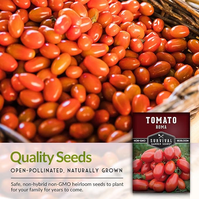 Survival Garden Seeds - Roma Tomato Seed for Planting - 2 Packs with Instructions to Plant and Grow Italian Roma Tomatoes in Your Home Vegetable Garden - Canning Favorite - Non-GMO Heirloom Variety