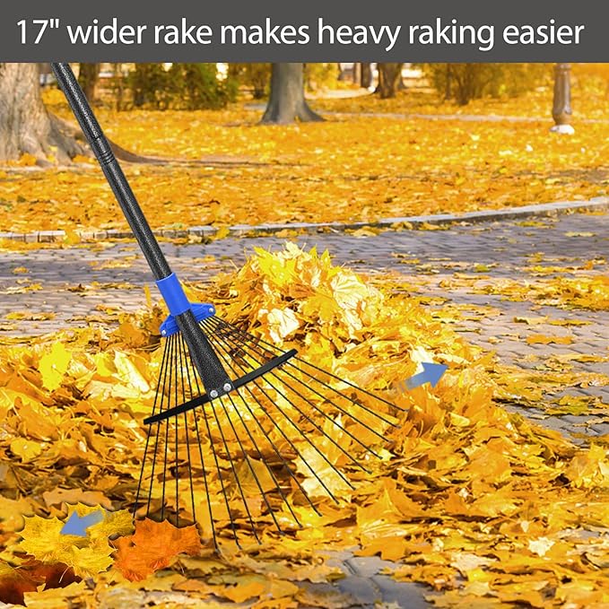 Adjustable Metal Leaf Rake Long Handle, Garden Rakes for Lawns Heavy Duty Leaves with Expandable Head 8-17", Yard Women Kids Rake for Gardening RV Camping
