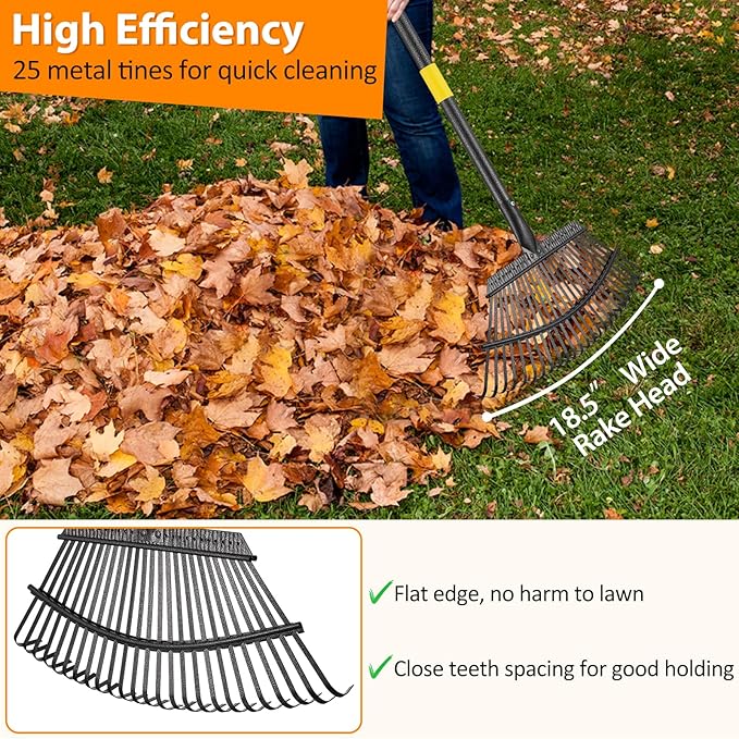 Rake, Garden Rake for Leaves, Heavy Duty Metal Leaf Rake with 37-65 inch Adjustable Steel Handle, 25 Tines 18" Wide Rake Garden Tools for Lawns Yard Flower Bed Grass Mulch Shrub Camping Gardening