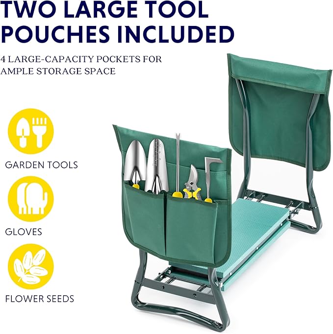iPower Garden Kneeler and Seat Foldable Kneeling Bench with Sturdy Soft EVA Foam Pad for Outdoor, Fishing, Camping, 2 Tool Pouches Included, Green