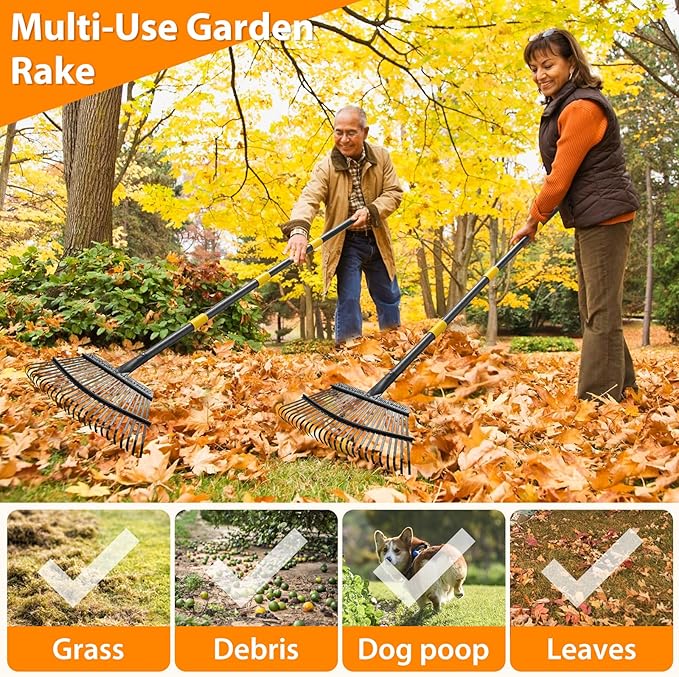 Rake, Garden Rake for Leaves, Heavy Duty Metal Leaf Rake with 37-65 inch Adjustable Steel Handle, 25 Tines 18" Wide Rake Garden Tools for Lawns Yard Flower Bed Grass Mulch Shrub Camping Gardening