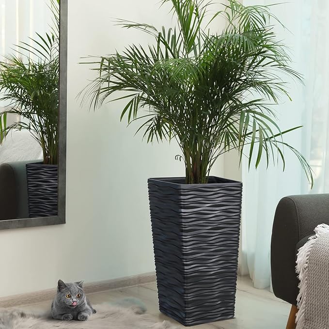 Worth Garden 2-Pack Black Tall Tree Planter - Plastic Square Tapered Plant Pots for Indoor Outdoor - 22" H - Modern Wavy Finish Decorative Flower Pots for Front Porch Containers Patio Deck