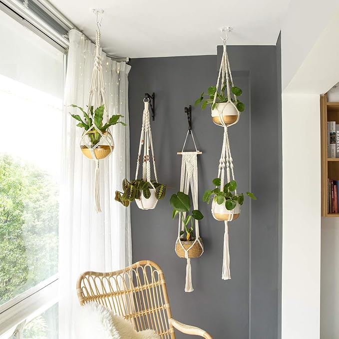Mkono Macrame Plant Hangers, 5 Pack Different Tiers Indoor Hanging Planters Basket with 5 Hooks Decorative Flower Pots Holder Stand Boho Home Decor, Ivory