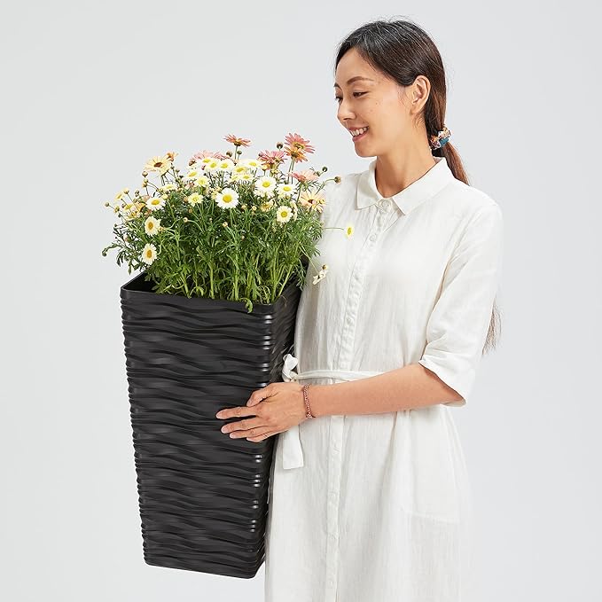 Worth Garden 2-Pack Black Tall Tree Planter - Plastic Square Tapered Plant Pots for Indoor Outdoor - 22" H - Modern Wavy Finish Decorative Flower Pots for Front Porch Containers Patio Deck