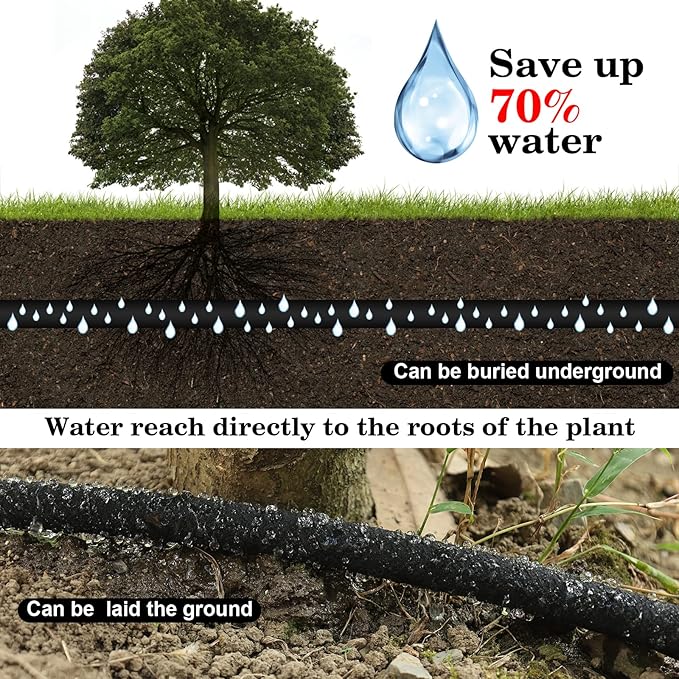 Soaker Hose with Solid Brass Connectors 25 FT for Garden Beds 1/2 Inch Rubber Longer Lasting Drip Irrigation Save 70% of Water Great for Lawn and Yard