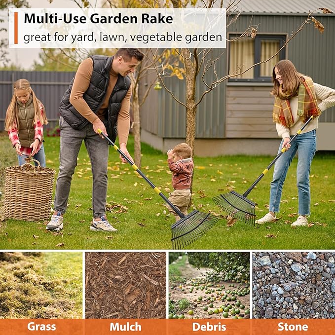 Rake, Gardening Rakes for Leaves Lawns Heavy Duty, 79 in Leaf Rake with 25 Clog-Free Tines, 18.5” Wide Large Rake Head, Metal Garden Tools for Yard Quick Cleanup Garss, Debris, Detachable for Camping