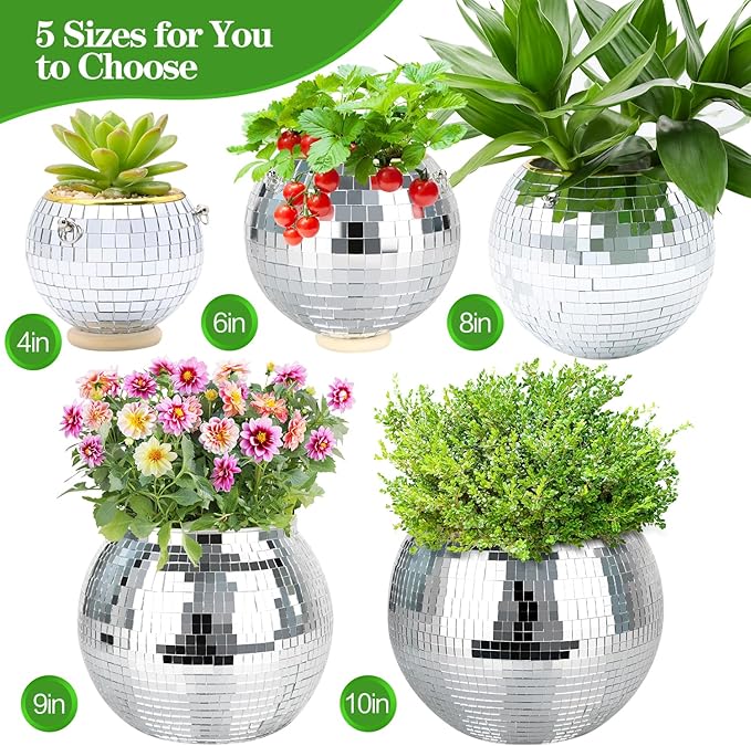 Disco Ball Planter, 2pcs 4" Silver Disco Ball Planter, Disco Ball Plant Hanger with Hanging Rope, Hanging Chain, Hook, Circle and Extra Mirror Pieces (4" Silver, 2pcs)