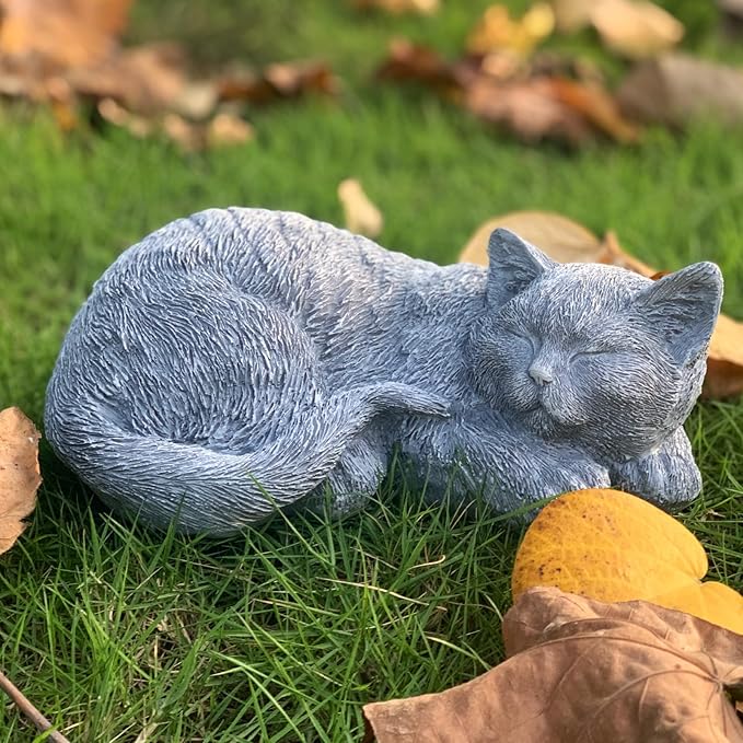 Cat Garden Statue Decoration, Memorial Stone Peaceful Sleeping Figurine for Patio Lawn Porch, 11.5" Cat Memorial Statue Grave Markers and Loss Pet Sympathy Gift