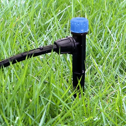 50 Pieces Drip Irrigation Emitters, Adjustable 360 Degree Drip Vortex Emitters on 5" with Stake for 1/4" Drip Irrigation Tubing Irrigation Fan Shape Drippers for Garden Watering System