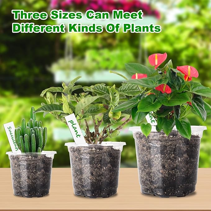 PEYOU 48 Packs 5/4/3.5 Inch Reinforced Clear Nursery Pots with Drainage Hole, Transparent Variety Pack Plastic Plant Pot Seedling Planter Seed Starter Flower 48pcs Labels