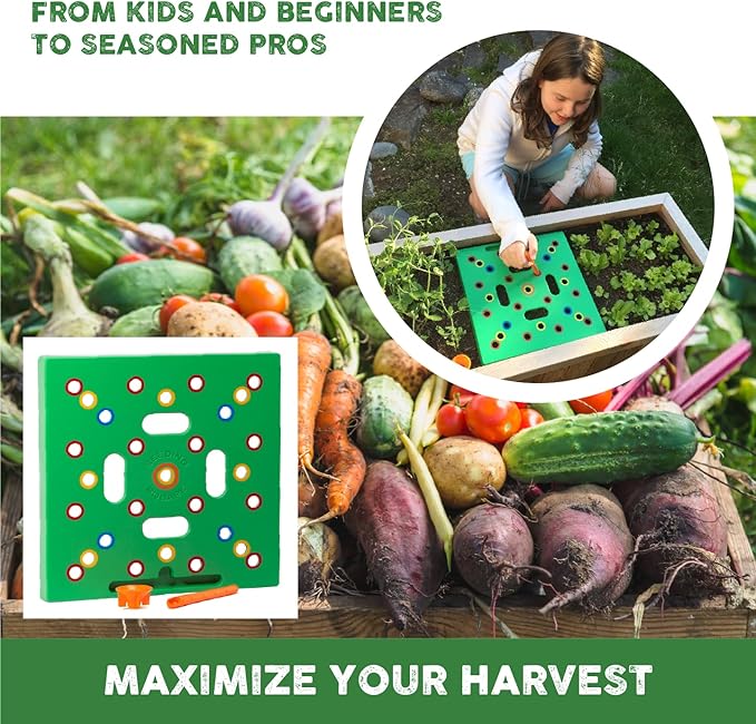 Seeding Square - Seed and Seedling Spacer Tool for Bigger Harvests, Organized Plants & Fewer Weeds – Color-Coded Gardening Template with Magnetic Dibber, Ruler & Planting Guide