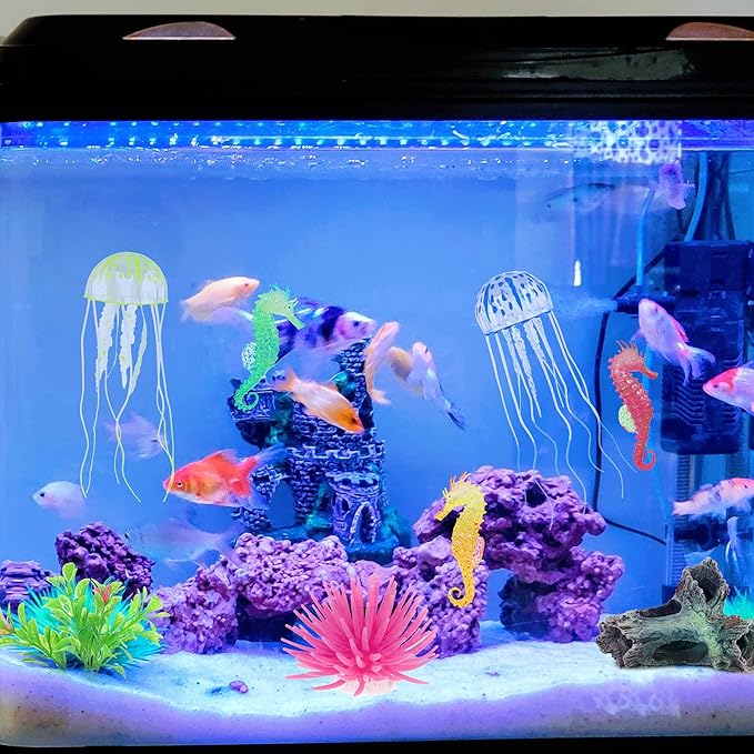 Lpraer 6 Pieces Glow Aquarium Ornaments Artificial Glow Floating Jellyfish Seahorse Anemones Silicone Simulation Fish Tank Decorations for Fish Tank