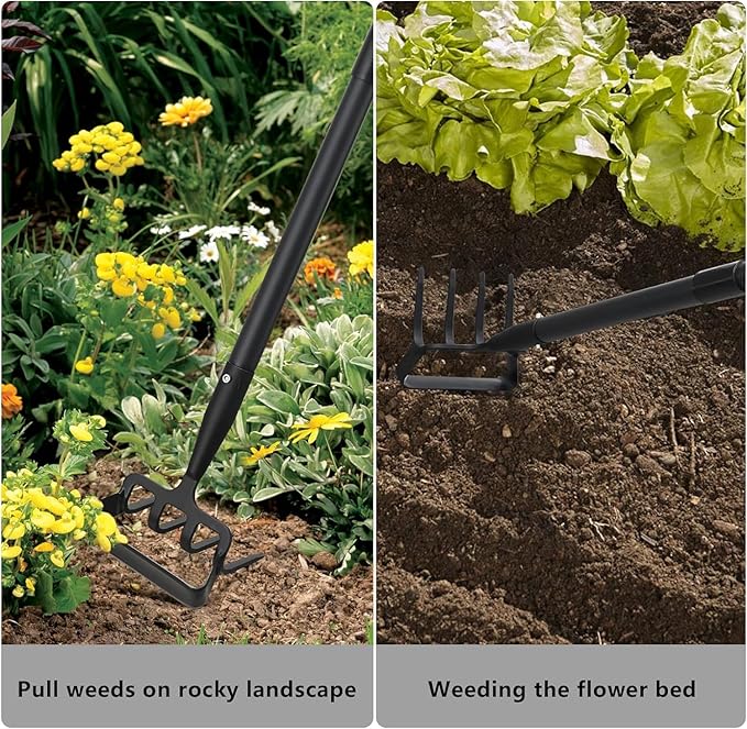 Upgraded Stirrup Hoe and Cultivator,Garden Hoe with Adjustable Handle for Weeding,Digger,loosening Soil,Metal Garden Hula Hoe with Rake Tiller Cultivator (30-62 Inch)