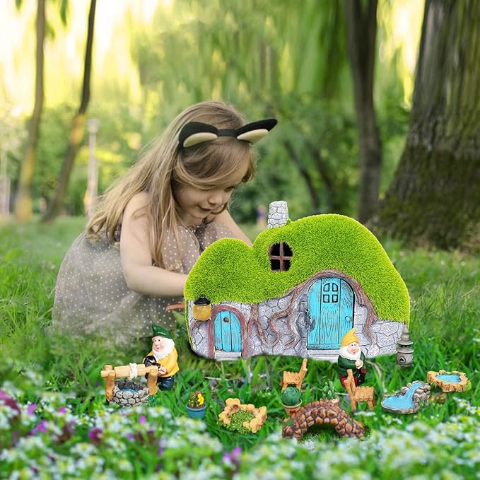 Outdoor Figurine Lights Garden House Statue - Outdoor Statues with Solar Lights Garden Cottage Lighting Figurines for Home or Yard Decor