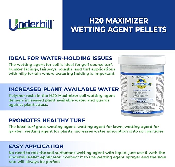 Underhill UHH20PEL H20 Maximizer Ultra Holding Wetting Agent Pellets Soil Surfactant for Lawn, Garden, Turf Grass, Golf Greens, 6 Tablets