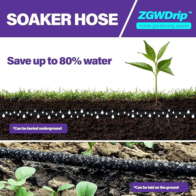 Soaker Hose 50 FT,1/2 Inch Soaker Garden Hose with 3/4" Solid Brass Connectors Save 80% Water Drip Irrigation Kit for Lawn/Yard Landscaping beds