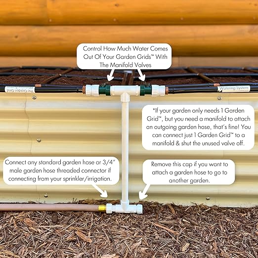Garden Grid Connection Manifold | Connect Neighboring Garden Grids or Just 1 and/or Daisy-Chain from Manifold to Manifold with Garden Hoses to Connect Many Garden Grids | 6” Height
