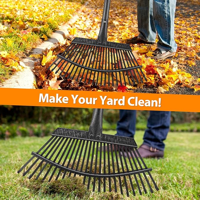 Rake, Garden Rake for Leaves, Heavy Duty Metal Leaf Rake with 37-65 inch Adjustable Steel Handle, 25 Tines 18" Wide Rake Garden Tools for Lawns Yard Flower Bed Grass Mulch Shrub Camping Gardening
