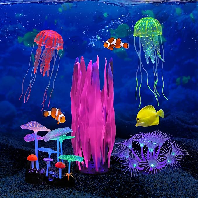 Lpraer 5 Pack Glow Aquarium Decorations Kelp Coral Mushroom Sun Flower Jellyfish Simulation Glow Plant Glowing Effect Silicone for Fish Tank Decorations