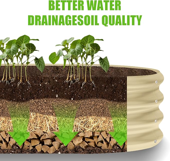 Land Guard 8×2×1ft Galvanized Raised Garden Bed Kit, 108 Gallon Capacity Raised Garden Boxes Outdoor, Oval Metal Raised Garden Beds for Vegetables, Cream Yellow(with 10 Connecting rods)