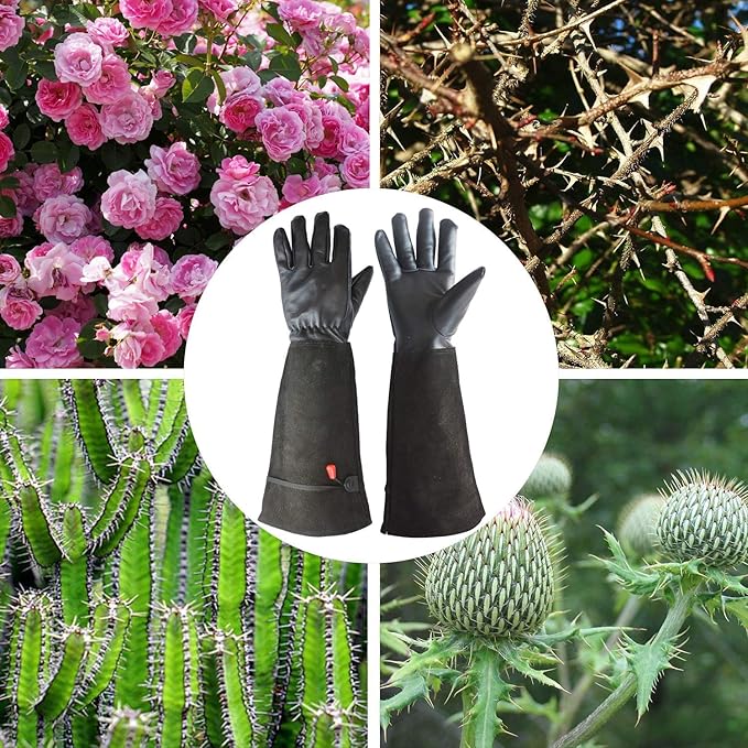 Gardening Gloves, Professional Puncture Proof Gloves for Rose Pruning & Cactus Trimming, Long Leather Garden Gloves Gifts for Women & Men- Full Grain Pigskin (Thorn Proof) (Large, Black)