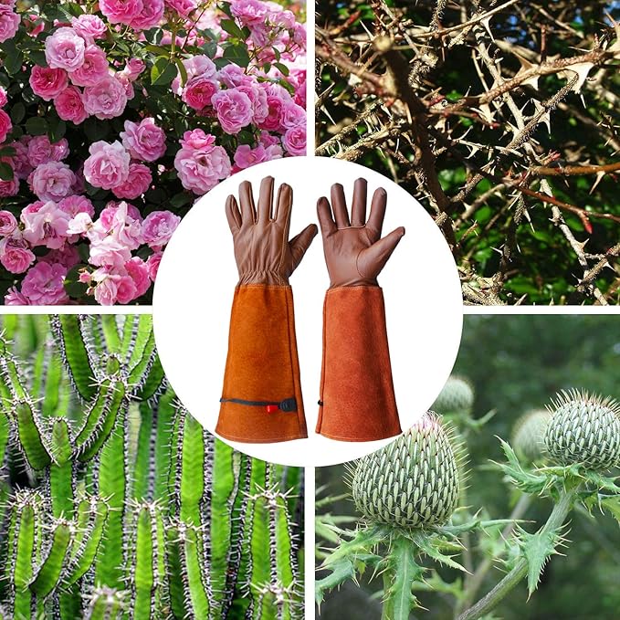 Gardening Gloves, Professional Puncture Proof Gloves for Rose Pruning & Cactus Trimming, Long Leather Garden Gloves Gifts for Women & Men- Full Grain Pigskin (Thorn Proof) (Large, Brown)